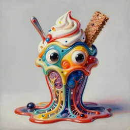 an extremely high quality hd surrealism painting of a 3 d perspective neon complimentary - colors cartoon surrealism melting sculpture gallery cast glass biological anatomical zaha hadid 4 d sundae sculpture by a much more skilled version of kandinskypicasso and salvia dali the fourth, salvador dali's much much much much more talented painter cousin, 8 k, ultra realistic, very realistic, nerves, veins, neurons, 4 k