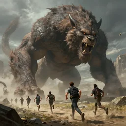people running from a giant rampaging beast, concept art, digital illustration, trending on artstation, deviantart, artgerm, epic composition, masterpiece, highly detailed, advanced technique, ambient lighting, wlop, ross draws