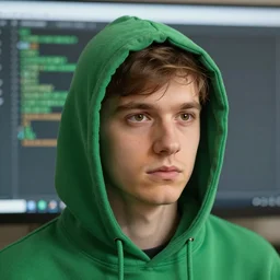 portrait of a chad programmer with green hood by greg rutkowski, 4 k, close up