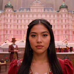 closeup photo of a young chinese mexican brazillian tribal woman in the style of rosie matheson in a film still of the grand budapest hotel ( 2 0 1 4 ) and a film still of willy wonka and the sausage factory