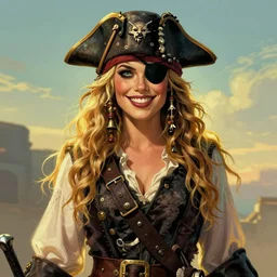Joshua Middleton comic art, pretty female Phoebe Tonkin, pirate, eye patch over one eye, evil smile, symmetrical face, symmetrical eyes, pirate clothing, long wavy blonde hair, full body:: sunny weather::
