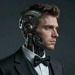 a rugged young engineer man with cybernetic enhancements wearing a suit and bowtie, detailed face, scifi character portrait by greg rutkowski, esuthio, craig mullins, 1 / 2 headshot, cinematic lighting, dystopian scifi gear, gloomy, profile picture, mechanical, half robot, implants, steampunk