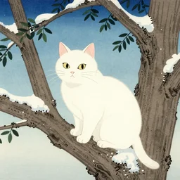 white cat in the tree in winter day in the style ofukiyo-e