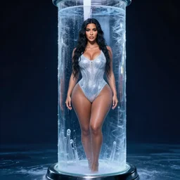 kim kardashian frozen in a glass tube, full body, full shot, photograph, photorealistic, 8 k uhd resolution, highly detailed, cinematic lighting, post processing.