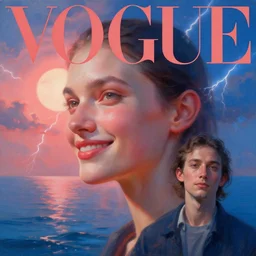 3 d, sci - fi, morning, smiling fashion model face, sun, cinematic, lightning clouds, vogue cover style, water, light red and deep blue mood, realistic painting, intricate oil painting, high detail, figurative art, multiple exposure, poster art, 3 d, by tooth wu and wlop and beeple and greg rutkowski