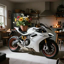 huge ducati panigrale motorbike, used as a flower pot, crammed into cluttered cozy kitchen, darkroom, candles, chairs and tables, white tile on the floor, overexposed, by paolo pellegrin, by trent parke, prize winning photo, cinematic