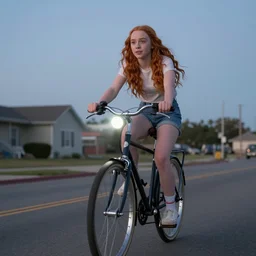 Sadie Sink (Maxine Mayfield) from Stranger Things riding her bike in the middle of the street, the bike's flashlight illuminating the ground, the clear sky, realistic, extremely high details, photorealistic, 2022s, soft lighting, 4k, human photo