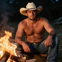 a handsome, rugged, shirtless man in a cowboy hat with a stocky build and beer belly sits next to a campfire | 35mm photography