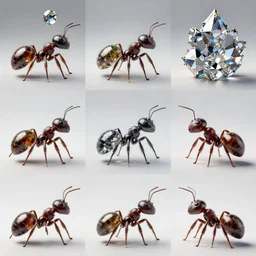 scientific illustration of ants made of fractal crystals, different angles, concept art