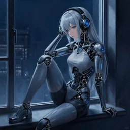 cyborg - girl with silver hair, wearing headphones, and sitting on a window sill, highly detailed, painting, dark blue and black color palette, intricate, high quality anime artstyle, in the style of wlop