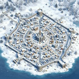 small winter town surrounded by the sea of a top down game, it has 1 castle and many small houses and hotels, castle walls, no ui