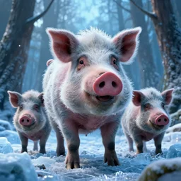 the horror in the woods, prehistoric hell pigs, Cold as ice! 🧊, cinematic, hyper realism, high detail, octane render, unreal engine, 8k, vibrant color!, Corpse Bridegroom of the Spring, the gleaming guardian of the meadow!!!, A synthwave horse inspired by Tron, by dom qwek and andrea chiampo