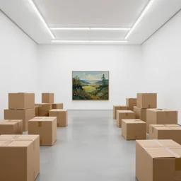 a ( ( ( ( ( ( ( ( ( ( white room in a modern ) ) ) ) ) ) ) ) ) ) art gallery with a parque floor, which is filled!!! ( to the ceiling )!!! with ( cardboard boxes )!!!, a single detailed landscape painting by anthony copely fielding on the back wall.