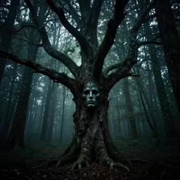 cursed tree in the forest with a human like face | hyperdetailed | volumetric lighting | eerie atmosphere | jeff easley |