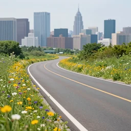 a road of wildlflowers going through a major city