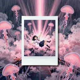 realistic and super detailed school girl falling on the explosion bridge in tokyo, rainy weather, vapor, the palms come from the depths, rays of light breaking through the air, pink jellyfish everywhere, pink tones, super detailed and realistic, polaroid anime manga poster, grid and web, minimalistic composition, center of frame, dramaticlly deep composition, pastel tones, center of the frame, redshift, octane, in the style of Hiro Kiyohara, oil canvas painting
