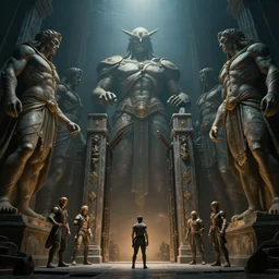 the gates of argonath, dramatic lighting, colossal statues, by john howe, weta workshop, greg rutkowski, artgerm, ross tran, conrad roset, takato yomamoto. 4 k, beautiful, cinematic dramatic atmosphere, matte painting