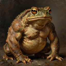 subject:  muscular barbarian toad anthropomorphic portrait, style:  very detailed heavy textured rembrandt oil painting with dramatic light , very sharp detail