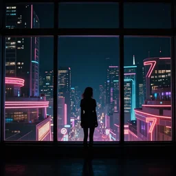 vertical movie frame, silhouette of a girl in 7 0's retro club, editorial, fashion, neon - decorated urban on night in the city seen through the window, modern architecture design, vintage, night, blade runner, dark, clean lines, asian futuristic city at distance, big windows, octane, wide angle