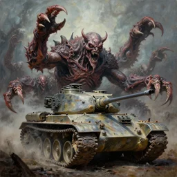 oil painting nightmare army tanks masterpiece nightmare clawed chaos in mollusk skins, terror cinematic, hyper detailed by francesco blanc 1 9 7 1, richard m powers