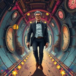 arrogant elegant man travels through time via steampunk portals, pixiv fanbox, dramatic lighting, maximalist retro color palette, splatter paint, pixar and disney exploded - view drawing, graphic novel by fiona staples and dustin nguyen, peter elson, alan bean, wangechi mutu, clean cel shaded vector art, trending on artstation