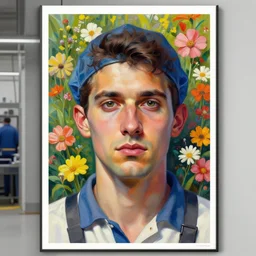 factory worker face, flowers background, photorealistic painting, hyperrealistic painting, figurative art, poster art, by igor morski and mike winkelmann