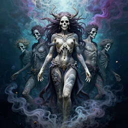goddess of death with full body tattoos, by petros afshar, ross tran, peter mohrbacher, tom whalen, underwater psychedelic smoke, highly detailed, intricate, elaborate, illustration, sharp focus, feauted on artstation