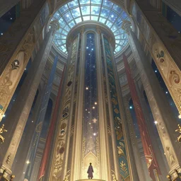 tower of antares with giant walls and glass ceilings showing the stars and hanging silk drapery and tapestries, light dust, magnificent, close up, details, sharp focus, elegant, highly detailed, illustration, by Jordan Grimmer and greg rutkowski and PiNe(パイネ) and 薯子Imoko and 香川悠作 and wlop and maya takamura, intricate, beautiful, Trending artstation, pixiv, digital Art