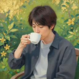 ryuichi tanaka drinking coffee in the garden. gouache and gold leaf by the award - winning concept artist