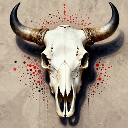 “painted bull skull, dotart, album art in the style of James Jean”