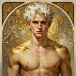 painted portrait of rugged young colin farrell as gambit by greg rutkowski craig mullins artgerm alphonse mucha, messy dripping gold, white hair handsome muscular upper body background fantasy intricate elegant detailed digital painting concept art artstation sharp focus illustration