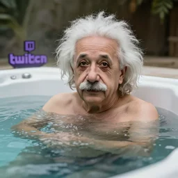 beautiful photograph of albert einstein streaming on twitch in a hot tub