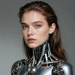 close - up portrait of beautiful young woman with cybernetic dress, art by annie leibovitz