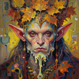 close - up portrait of handsome goblin king by irakli nadar with intricate detailed color smashing fluid oil paint and acrylic, autumn leaves headdress, melting wax, mycelia, abstract impressionism, ruan jia, fantasy, hyper detailed, concept art, by peter mohrbacher and gustav klimt,