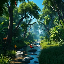 inside a wild jungle, some animals, birds, toxic flowers, lianas in trees, high trees, hyperrealistic, 4 k, artstation, ultra detailed, river through jungle, stones in river, much green, blue sky, sunny weather, shadows, many plants, grass