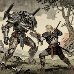 Geralt fighting a machine from Horizon Zero Dawn, in the style of old Japanese art, 4k