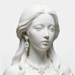 full head and shoulders, beautiful female white, porcelain sculpture, jewellery designed by bjork, by daniel arsham and james jean, on a white background, delicate facial features, white eyes, white lashes