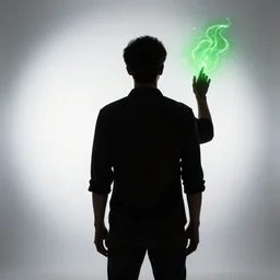 photo still of behind view, dark silhouette of a young man, enchanting a green spell, shirt, jeans 8 k, studio lighting bright ambient lighting key light, 8 5 mm f 1. 8