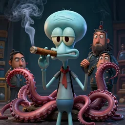 hyperrealistic mixed media image of squidward tentacles, smoking cigar, stunning 3 d render inspired art by greg rutkowski and xiang duan and thomas eakes, perfect symmetry, realistic, highly detailed attributes and atmosphere, dim volumetric cinematic lighting, 8 k octane extremely hyper - detailed render, post - processing, masterpiece,