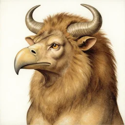 a creature with the body and eyes of a man, beak of an eagle instead of nose, the mane of a lion, two horns of an ox on the head. drawn by leonardo da vinci