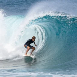 close up side view of a surfer. the surfer is in the tube of a very large wave that's about to collapse. highly detailed, professional high quality 4 k, action shot, dramatic lighting