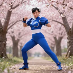 chun li working out in a cherry blossom forest, wearing blue bodysuit, highly detailed, full body shot, realsitic, 8 k hdr photography
