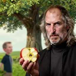 a close - up photo of isaac newton offering a half eaten apple to steve jobs under the tree of knowledge, artwork by gaston bussiere, craig mullins, trending on artstation