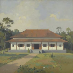 a beautiful painting of a building in a serene landscape by Affandi