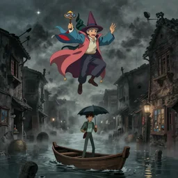 a realistic and atmospheric cell - shaded concept art from howl's moving castle ( 2 0 0 4 ) of a multi - colored wizard flying in the air. a man with an umbrella is standing in a boat in a flooded alleyway. it is a misty starry night. very dull colors, hd, 4 k, hq