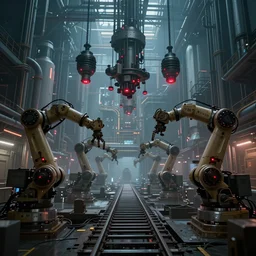 dystopian factory building robots, with suspended rails and hanging mechanical parts, robotic arms, red leds, concept art by craig mullins, gloomy, neon lights