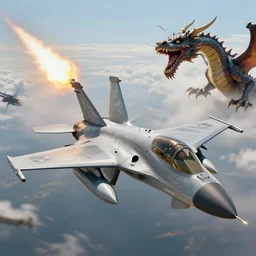a dwarf in a fighter jet firing a sidewinder missile at a dragon, realistic, action, high quality