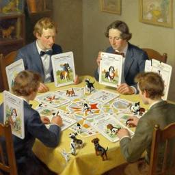 sentient human - sized cards playing a tabletop game with miniature dogs, oil painting, by norman rockwell.