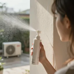 close - up seen a profile wall with a girl's hand and a conditioner in the room and an air conditioner on the terrace with water spray faded on the wall connected by transparent cables, depth of field, sunny, ultra realistic, very detailed, 8 k hyper realistic detailed cinematic still by nadav kander