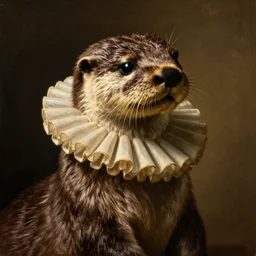 a dutch golden age oil painting portrait of an otter wearing a ruff collar, warm lighting, chiaroscuro dramatic lighting
